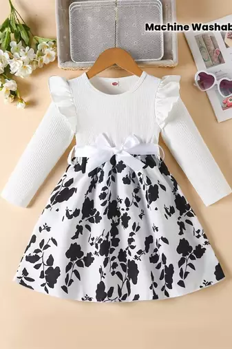 White & black floral printed cotton blend ruffle sleeve fit & flare girls dress