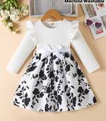 White & black floral printed cotton blend ruffle sleeve fit & flare girls dress