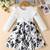 White & black floral printed cotton blend ruffle sleeve fit & flare girls dress