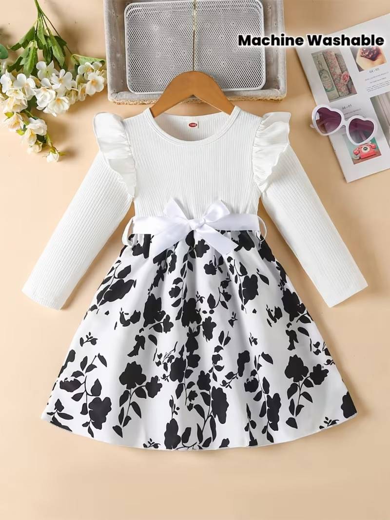 White & black floral printed cotton blend ruffle sleeve fit & flare girls dress