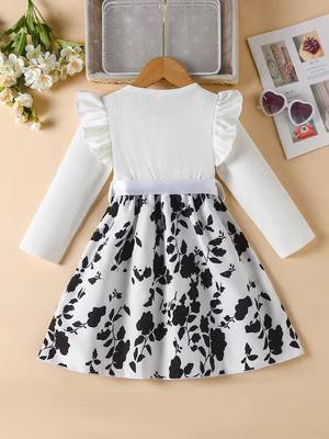 White & black floral printed cotton blend ruffle sleeve fit & flare girls dress 2