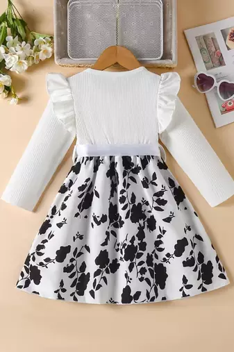 White & black floral printed cotton blend ruffle sleeve fit & flare girls dress
