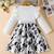 White & black floral printed cotton blend ruffle sleeve fit & flare girls dress