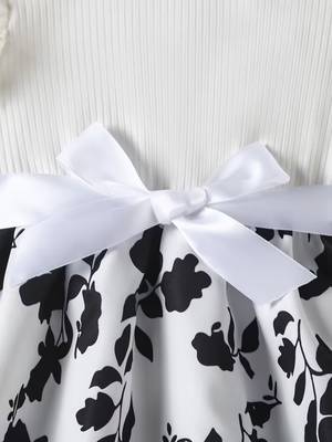 White & black floral printed cotton blend ruffle sleeve fit & flare girls dress 5