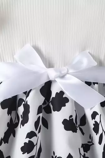 White & black floral printed cotton blend ruffle sleeve fit & flare girls dress