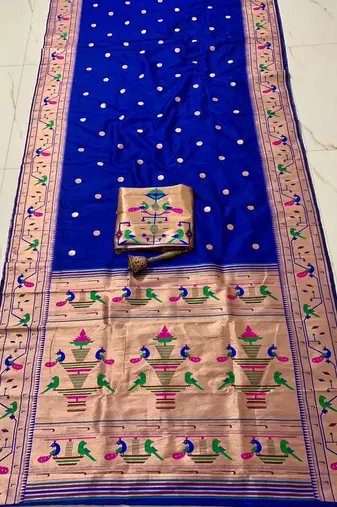 Blue soft kanjeevaram paithani silk zari weaving saree with contrast blouse piece