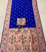 Blue soft kanjeevaram paithani silk zari weaving saree with contrast blouse piece