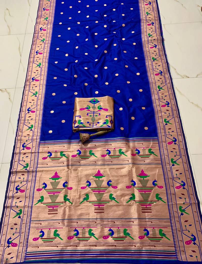 Blue soft kanjeevaram paithani silk zari weaving saree with contrast blouse piece