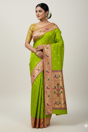light green silk blend paithani saree with zari weaving