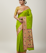 Light green soft kanjeevaram paithani silk zari weaving saree with contrast blouse piece
