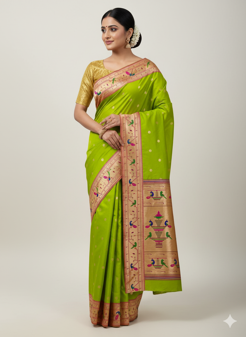 Light green soft kanjeevaram paithani silk zari weaving saree with contrast blouse piece