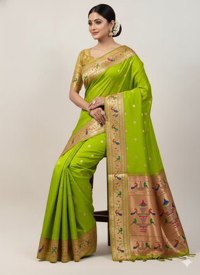 light green silk blend paithani saree with zari weaving 2