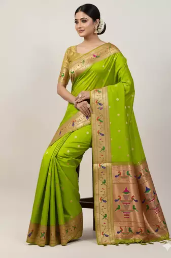 light green silk blend paithani saree with zari weaving