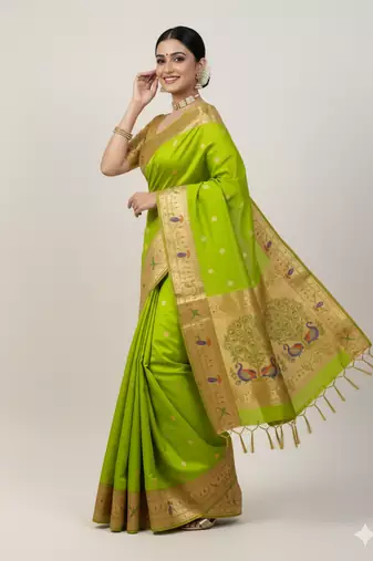 light green silk blend paithani saree with zari weaving
