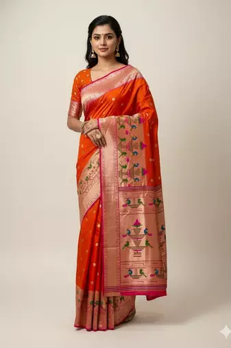 Orange soft kanjeevaram paithani silk zari weaving saree with contrast blouse piece
