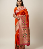 Orange soft kanjeevaram paithani silk zari weaving saree with contrast blouse piece