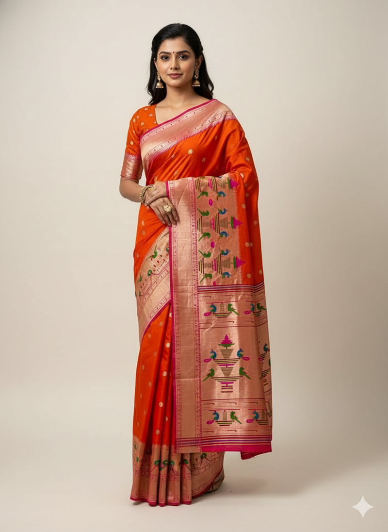 Orange soft kanjeevaram paithani silk zari weaving saree with contrast blouse piece