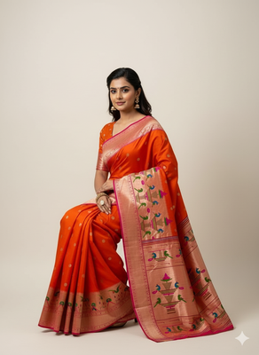 orange zari weaving silk paithani saree with blouse 2