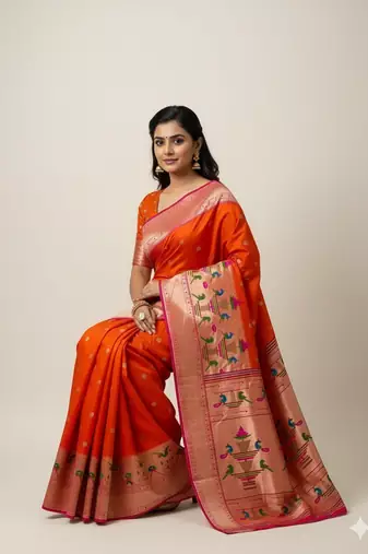 orange zari weaving silk paithani saree with blouse