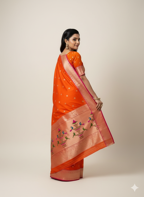 orange zari weaving silk paithani saree with blouse 3