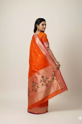 orange zari weaving silk paithani saree with blouse