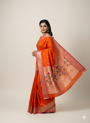 orange zari weaving silk paithani saree with blouse 4