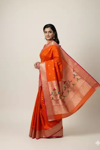 orange zari weaving silk paithani saree with blouse
