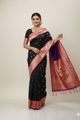 Black soft kanjeevaram paithani silk zari weaving saree with contrast blouse piece