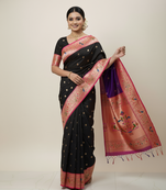 Black soft kanjeevaram paithani silk zari weaving saree with contrast blouse piece