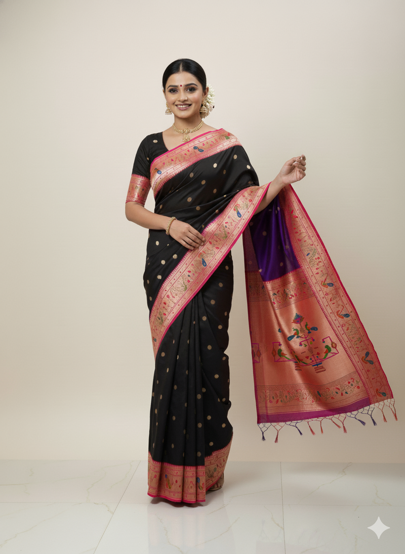 Black soft kanjeevaram paithani silk zari weaving saree with contrast blouse piece
