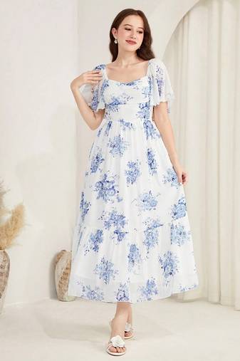 White floral printed georgette a-line midi dress