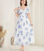 White floral printed georgette a-line midi dress