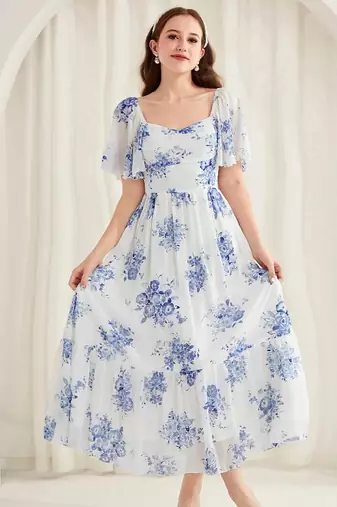 white floral printed georgette a-line midi dress