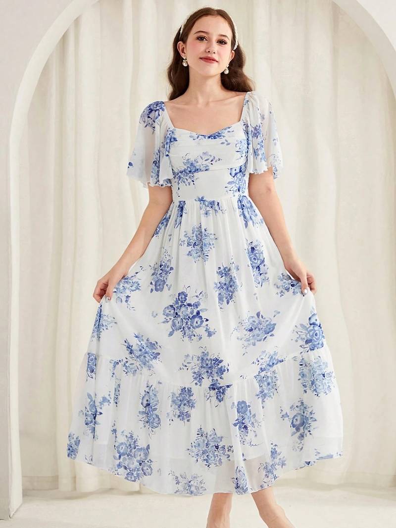 White floral printed georgette a-line midi dress
