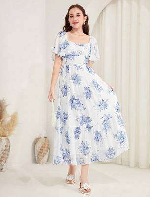 white floral printed georgette a-line midi dress 3
