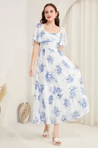 white floral printed georgette a-line midi dress