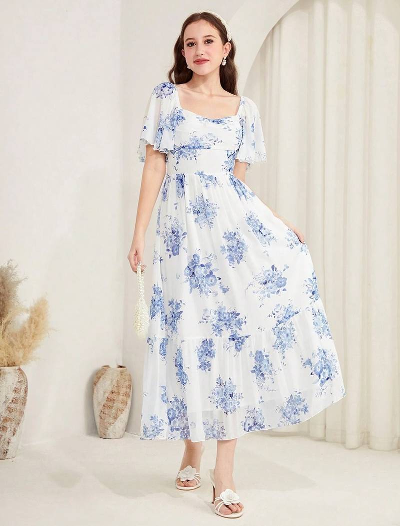 White floral printed georgette a-line midi dress