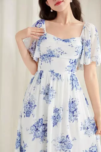 white floral printed georgette a-line midi dress