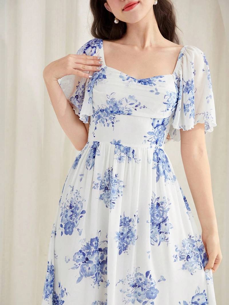 White floral printed georgette a-line midi dress