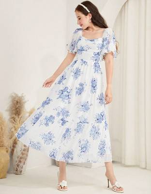 white floral printed georgette a-line midi dress 5
