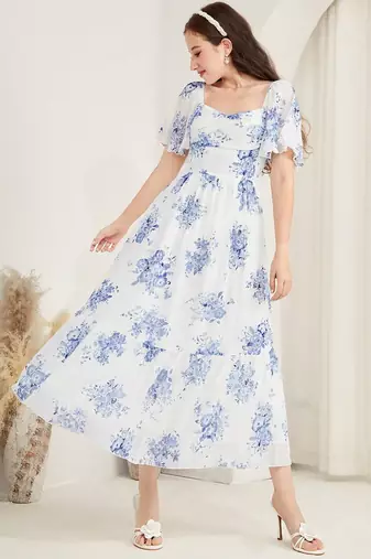 white floral printed georgette a-line midi dress