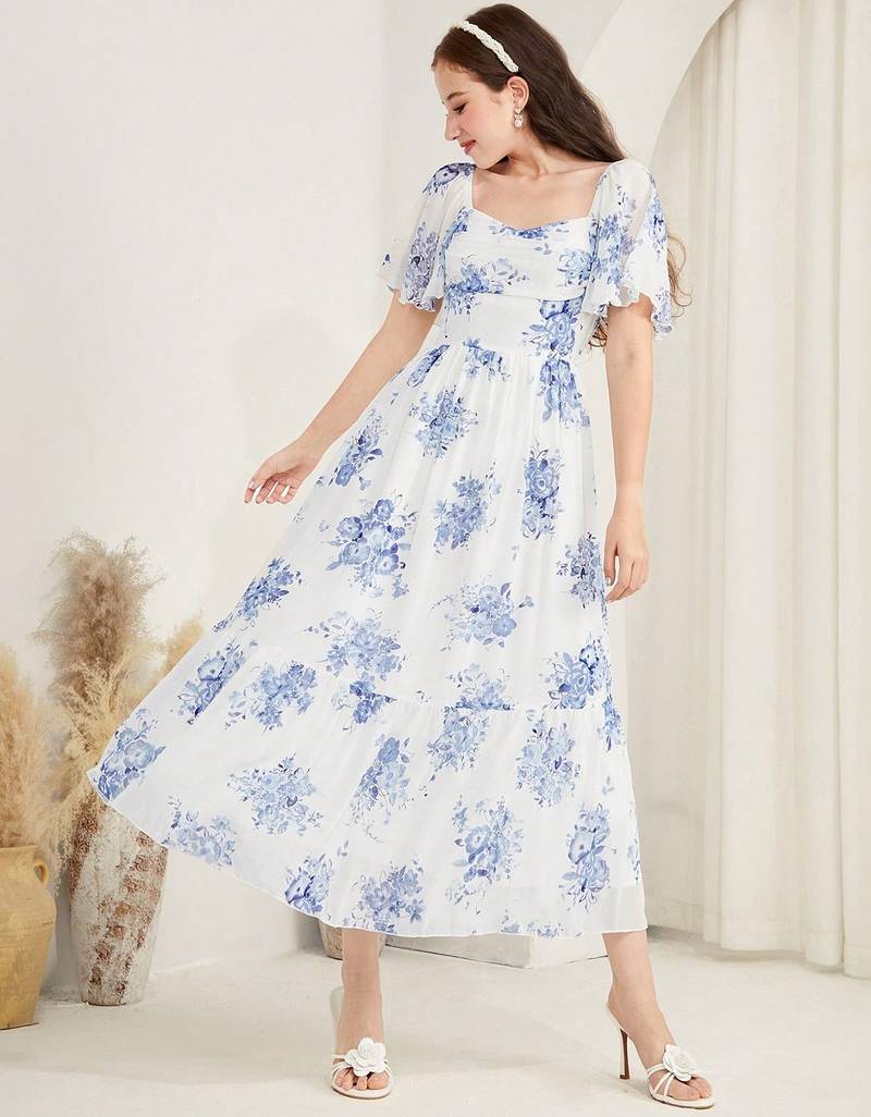 White floral printed georgette a-line midi dress