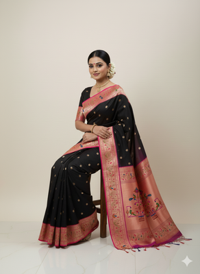 black zari weaving silk paithani saree with blouse 2
