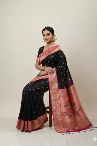 black zari weaving silk paithani saree with blouse