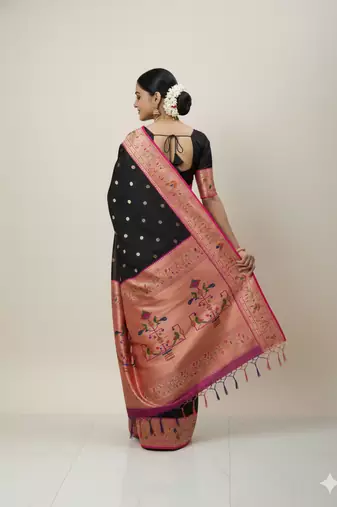 black zari weaving silk paithani saree with blouse