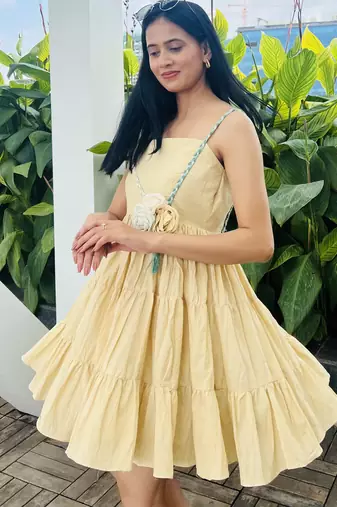 Yellow pure cotton mini summer floral dress
