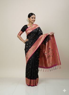 black zari weaving silk paithani saree with blouse 4