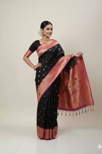 black zari weaving silk paithani saree with blouse