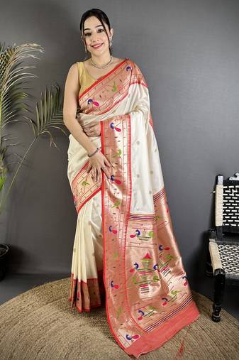 Off white soft kanjeevaram paithani silk zari weaving saree with contrast blouse piece