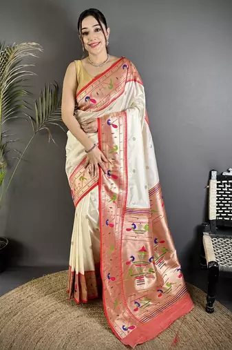 Off white soft kanjeevaram paithani silk zari weaving saree with contrast blouse piece